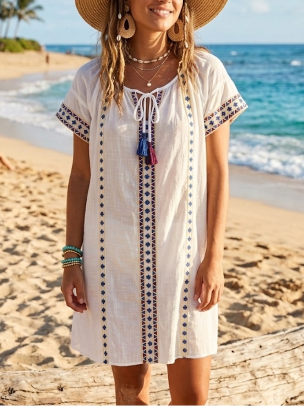 100% cotton White sheer gauze Embroidered Tassel Tunic beach cover up India M/L